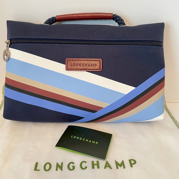 NEW Longchamp Canvas Clutch "Club" Blue- Made in France- Hand Bag - Picture 3 of 12